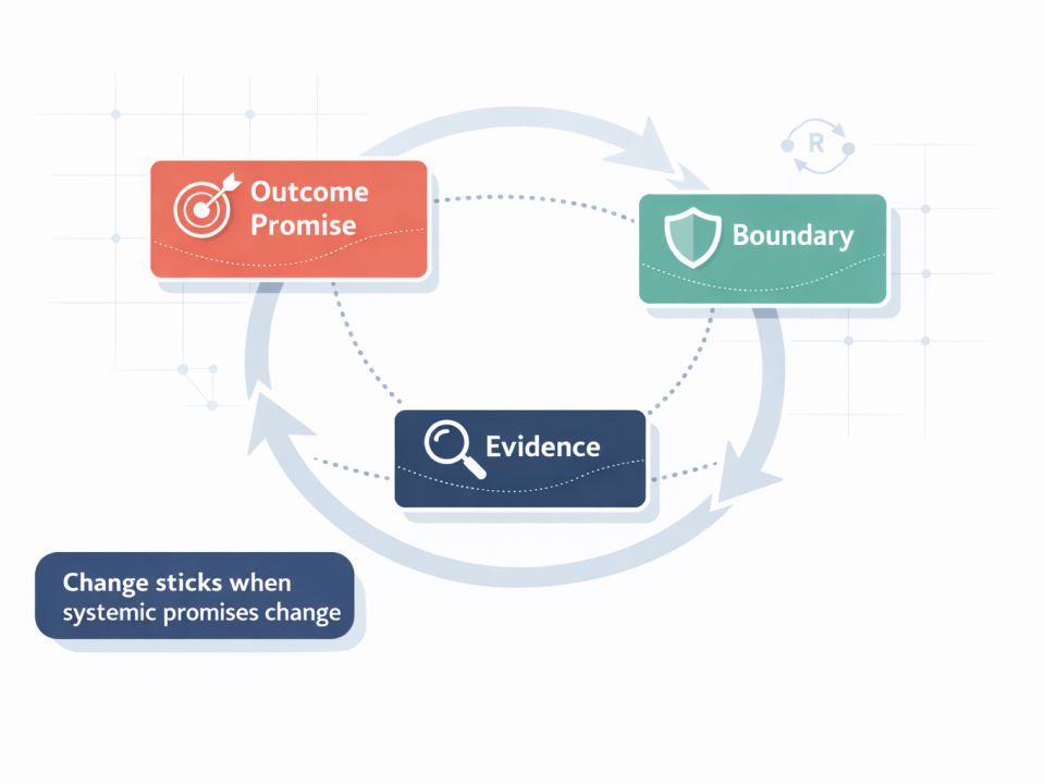 Illustrated systems loop linking outcome, boundary, and evidence promises to show how structural agreements drive organizational change.